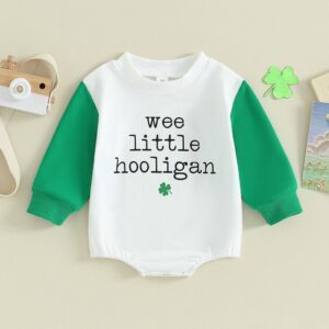 Kids Baby Boys Girls St.Patrick's Day Casual Cute Letters Four-Leaf Clover Print Long-Sleeved Round Neck Romper