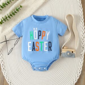 Kids Baby Boys Girls Casual Cute Easter Letter Cartoon Rabbit Print Short Sleeve Round Neck Romper