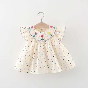 Kids Baby Girls Cute Sweet Casual Embroidery Floral Polka Dot Sleeveless Round Neck Dress