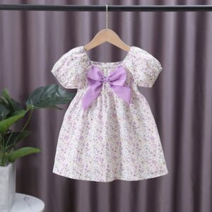 Kids Girls Pastoral Square Neck Elastic Puff Sleeve Floral All Over Print Bow Design Dress
