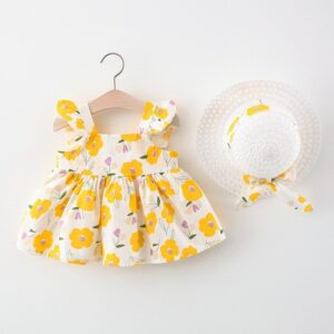 Baby Girls Pastoral Ruffled Sleeveless Square Neck Flower All Over Print Dress With Hat