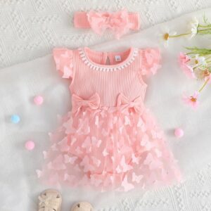 Kids Toddler Girls Casual Cute Basic Solid Color Butterfly Fluttering Sleeve Round Neck Mesh Romper Skirt