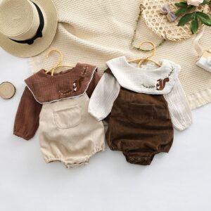 Kids Baby Girls Casual Cute Squirrel Embroidery Long Sleeve Round Neck Top Suspender Romper Set