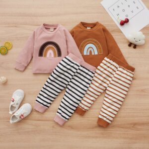Kids Baby Boys Girls Autumn Winter Casual Cute Rainbow Stripe Print Long Sleeve Round Neck Sweatshirts Pants Long Set