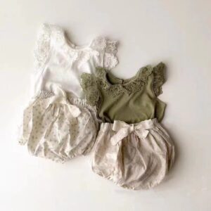 Kids Baby Girls Casual Cute Lace Solid Color Round Neck Vest Shorts Set
