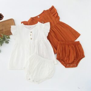 Kids Baby Girls Casual Cute Solid Color Raglan Sleeve Round Neck Dress Shorts Set