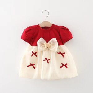 Kids Baby Girls Cute Sweet Bow Mesh Puff Sleeve Round Neck Dress