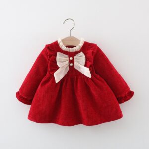 Kids Baby Girls Casual Cute Sweet Bow Long Sleeve Round Neck Dress