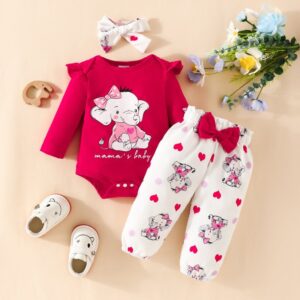 Kids Baby Girls Cute Sweet Cartoon Elephant Print Long Sleeve Round Neck Romper Trousers Set