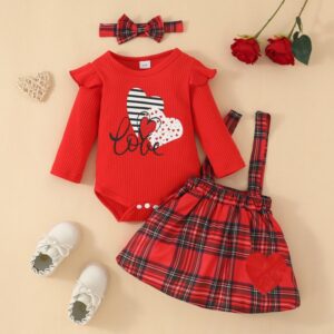Kids Baby Girls Cute Sweet Heart Letter Print Long Sleeve Round Neck Romper Playd Suspender Skirt Set