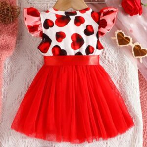 Kids Baby Girls Cute Casual Heart Print Bow Sleeveless Round Neck Mesh Dress