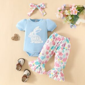 Kids Baby Girls Casual Cute Easter Alphabet Cartoon Rabbit Print Short Sleeve Round Neck Romper Flare Trousers Set