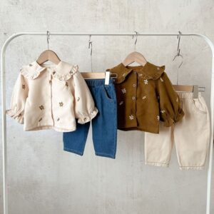 Kids Baby Girls Spring Autumn Casual Versatile Flower Embroidery Long Sleeve Ruffled T-Shirt Jeans