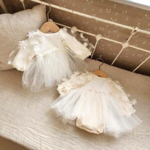 Kids Baby Girls Casual Cute Solid Color Mesh Long Sleeve Round Neck Romper