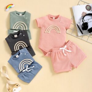 Kids Baby Boys Girls Casual Cute Waffle Rainbow Stripe Short Sleeve Round Neck Romper Shorts Sets