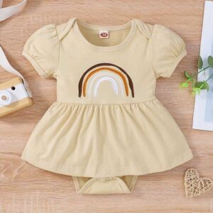 Kids Baby Girls Casual Cute Basic Rainbow Stripe Short Sleeve Round Neck Romper Dress
