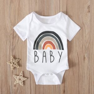 Kids Baby Boys Girls Casual Cute Basic Rainbow Stripe Letter Short Sleeve Round Neck Romper