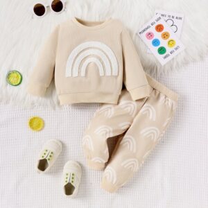 Kids Baby Boys Girls Autumn Winter Casual Cute Basic Waffle Rainbow Long Sleeve Round Neck Sweatshirts Pants Sets