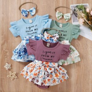 Kids Baby Girls Casual Cute Letter Floral Short Sleeve Round Neck Romper