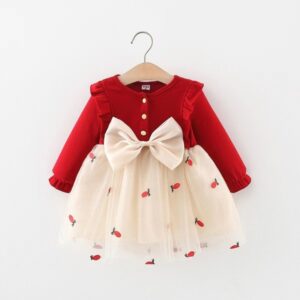 Kids Baby Girls Fashion Casual Cute Floral Bow Mesh Long Sleeve Round Neck Dress