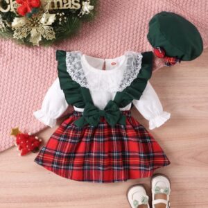 Kids Baby Girls Fashion Casual Christmas Solid Color Long Sleeve Round Neck Romper Playd Bow Skirt Sets
