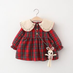 Kids Baby Girls Casual Cute Ruffled Plaid Long Sleeve Dress