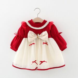Kids Baby Girls Casual Cute Bow Long Sleeve Round Neck Mesh Dress
