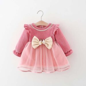 Kids Baby Girls Casual Cute Bow Long Sleeve Round Neck Mesh Dress