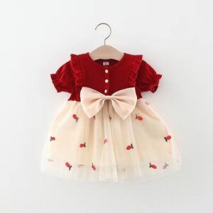 Kids Baby Girls Casual Cute Bow Short Sleeve Round Neck Mesh Dress