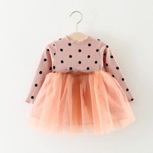 Kids Baby Girls Fashion Casual Stripe Polka Dot Long Sleeve Round Neck Mesh Dress
