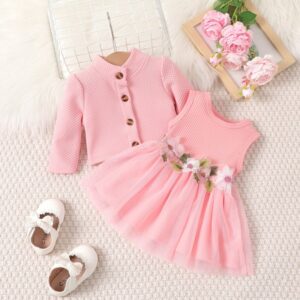 Kids Baby Girls Casual Cute Stripe Sleeveless Mesh Floral Embroidery Dress Long Sleeve Coat Sets