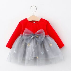 Kids Baby Girls Casual Cute Stripe Long Sleeve Round Neck Mesh Bow Dress