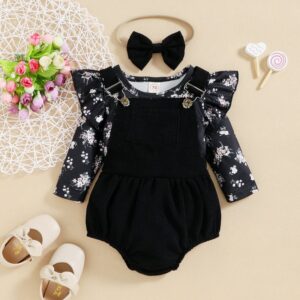 Kids Baby Girls Fashion Casual Floral Long Sleeve Round Neck T-Shirt Strap Romper Sets