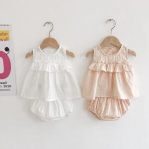 Baby Girls Solid Color Sleeveless Cotton Top Bloomers Two-Pieces Set