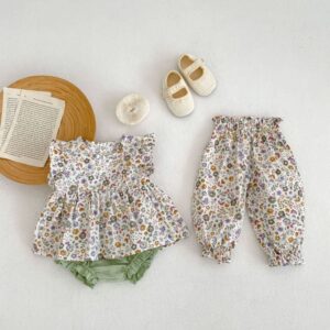 Baby Girl Floral Ruffle Sleeve Pullover Top Solid Color Bloomers Two-Pieces Set