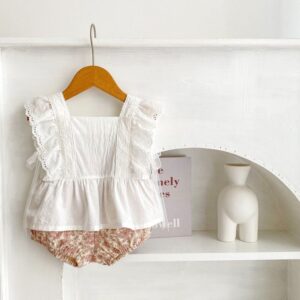 Baby Girls Lace Ruffle Sleeve Top Floral Shorts Two-Pieces Set