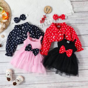Kids Baby Girls Fashion Casual Polka Dot Long Sleeve Lapel Crop Blouses Bow Mesh Sling Dress Sets