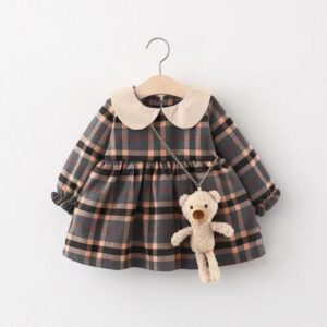 Kids Baby Girls Casual Cute Cartoon Bear Playd Long Sleeve Lapel Dress