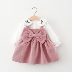 Kids Baby Girls Spring Autumn Cute Sweet Solid Color Long Sleeve Lapel Blouse Stripe Bow Strap Skirt Sets