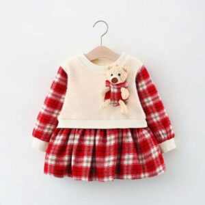 Kids Baby Girls Autumn Winter Cute Sweet Cartoon Bear Plaid Long Sleeve Round Neck Dress