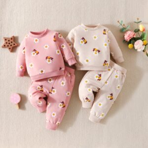 Kids Baby Girls Casual Cute Flower Cartoon Bear Pattern Long Sleeve Round Neck Sweatshirts Pants Sets
