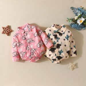 Kids Baby Boys Girls Casual Cute Cow Head Cactus Cowboy Hat Pattern Long Sleeve Lapel Romper