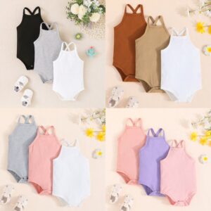 Kids Baby Girls Summer Casual Solid Color Stripe Vest Romper 3-Piece Sets