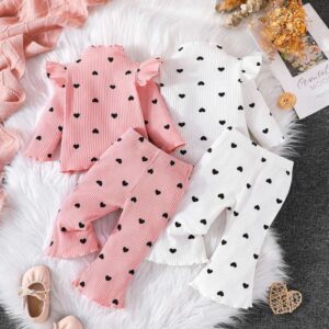 Kids Baby Girls Spring Autumn Casual Stripe Heart Pattern Long Sleeve Flared Pants Sets