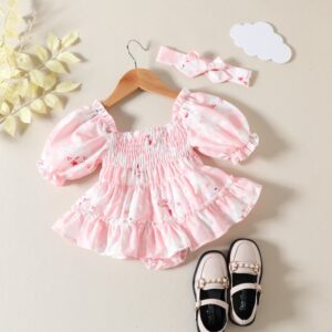 Newborn Baby Girl Cute Sweet Floral Shoulder Ruffled One-Piece Dress