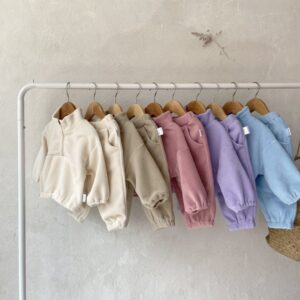 Kids Baby Girls Boys Autumn Winter Fashion Casual Solid Color Woollining Sweatshirts Zipper Long Sleeve Trousers Set