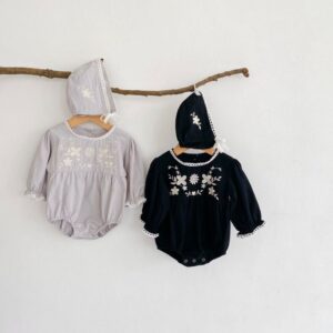 Kids Baby Girls Spring Autumn Fashion Casual Retro Solid Color Floral Embroidery Round Neck Button Long Sleeve Romper