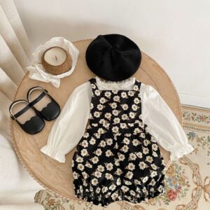Kids Baby Girls Spring Autumn Fashion Casual Solid Color Floral Embroidery Round Neck Button Long Sleeve Blouse Tiny Flower Suspender Trousers Set