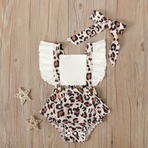 Kids Baby Girls Fashion Casual Cute Solid Color Leopard Bow Sleeveless Romper