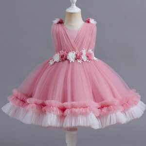 Kids Baby Girls Summer Fashion Party Cute Sweet Solid Color Floral Mesh Pleated Sleeveless Party Tutu Dress